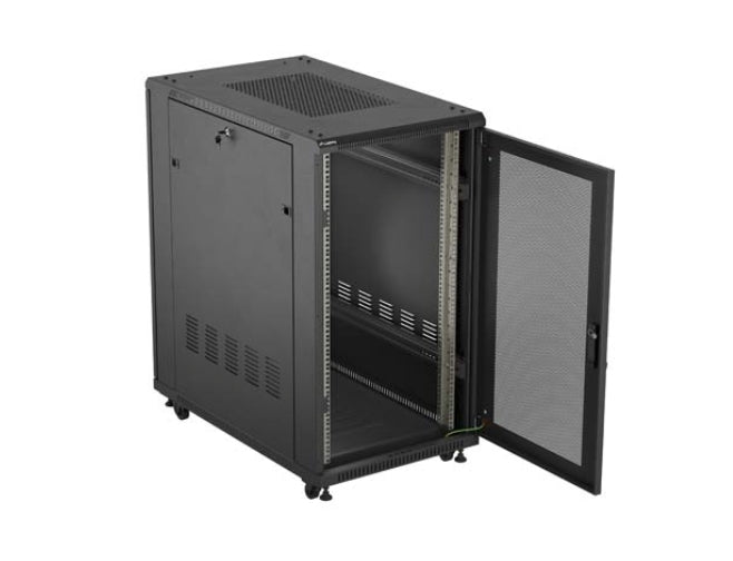Шкаф за стелажи Lanberg 19" свободно стоящ 22U/600X1000 (плосък пакет) с мрежеста врата, черен