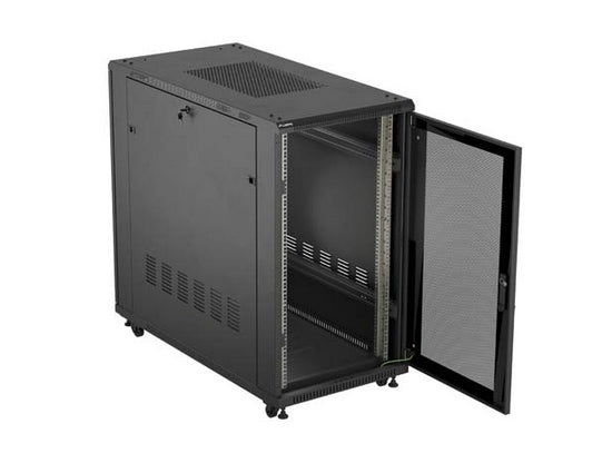 Шкаф за стелажи Lanberg 19" свободно стоящ 22U/600X1200 (плосък пакет) с мрежеста врата, черен