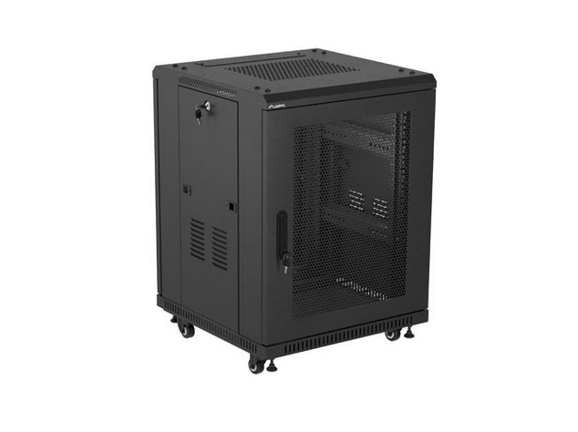 Шкаф за стелаж Lanberg 19" свободностоящ 15U/600X600 (FLAT PACK) с мрежеста врата, черен