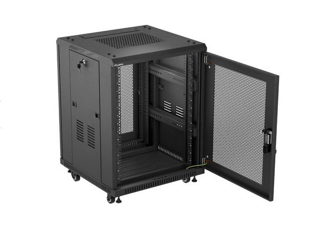 Шкаф за стелаж Lanberg 19" свободностоящ 15U/600X600 (FLAT PACK) с мрежеста врата, черен