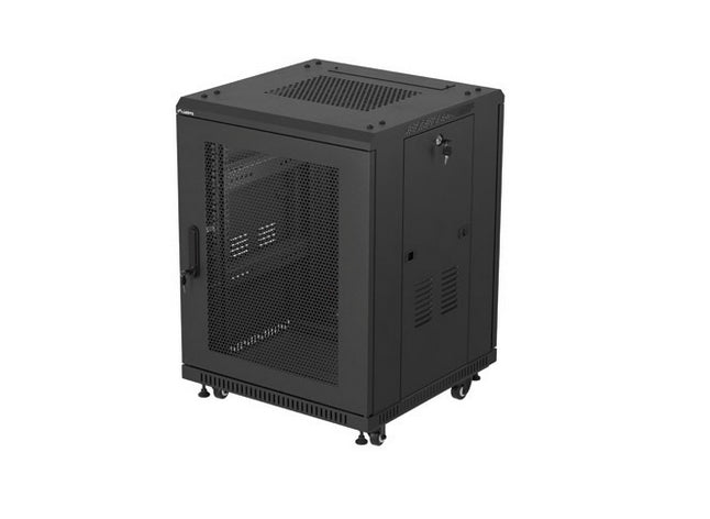 Шкаф за стелаж Lanberg 19" свободностоящ 15U/600X600 (FLAT PACK) с мрежеста врата, черен
