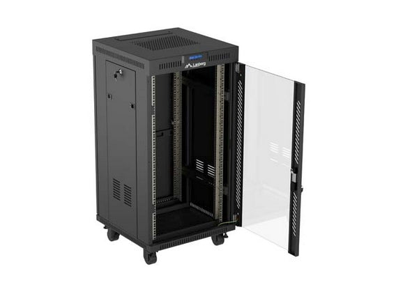 Шкаф за стелажи Lanberg 19" свободно стоящ 22U/600X600 (плосък пакет) със стъклена врата LCD черен V2