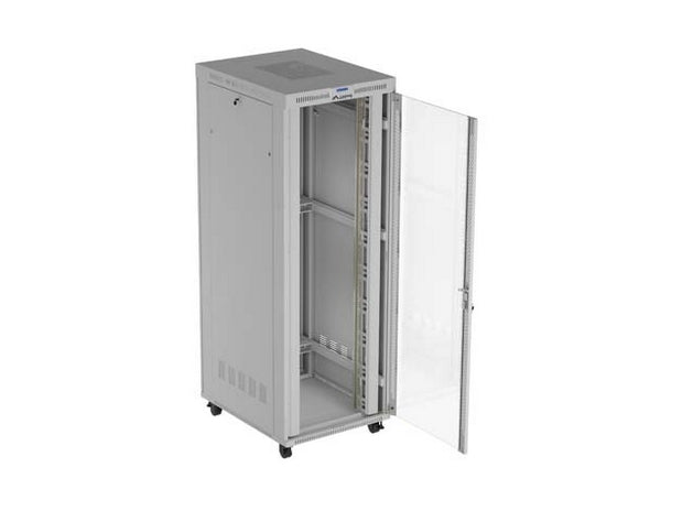 Шкаф за стелажи Lanberg 19" свободно стоящ 47U/800X1000 (плосък пакет) със стъклена врата LCD сив V2