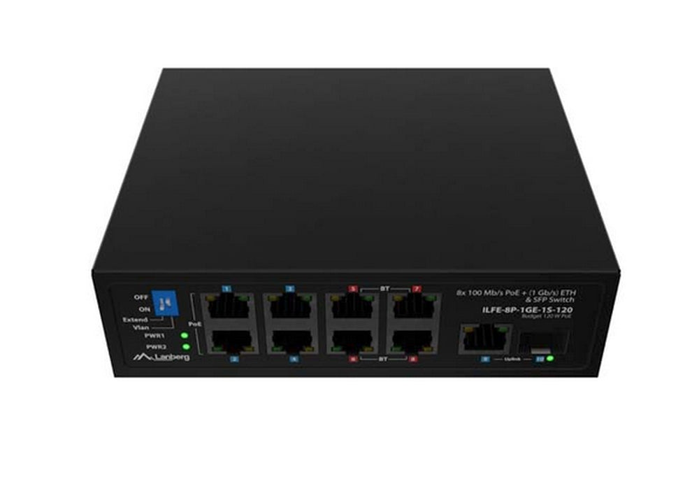 Комутатор Lanberg ILFE-8P-1Ge-1S-120 POE 4 x BT 4 x AT SFP/ETH DIN Неуправляем Fast Ethernet