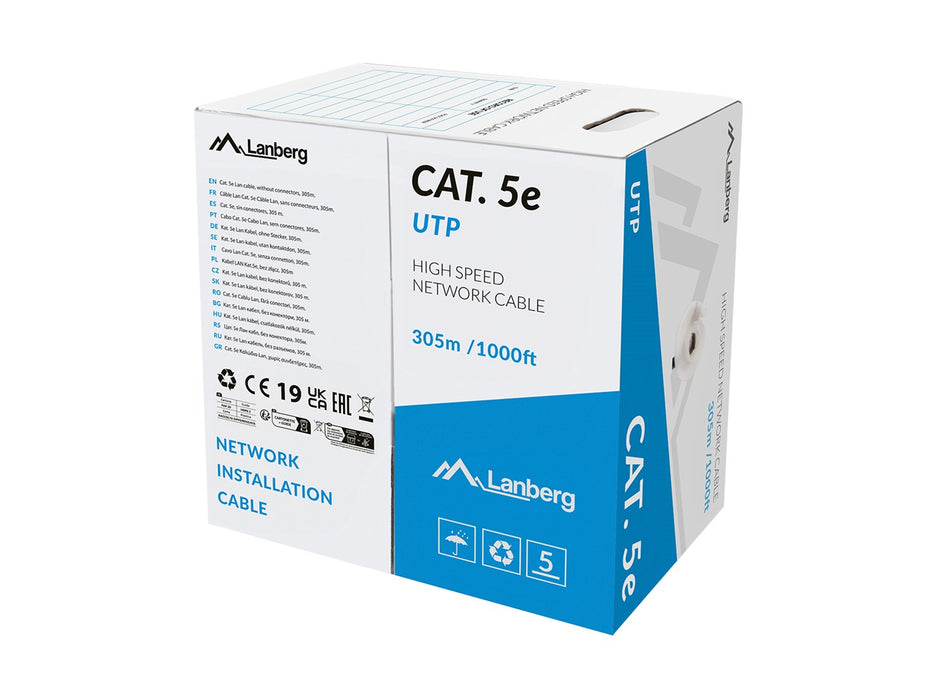 LAN КАБЕЛ LANBERG UTP CAT.5E 305M, ЕДРОЖДЕН CU, LSZH, СИВ, CPR + FLUKE, ИЗПЪЛНЕН