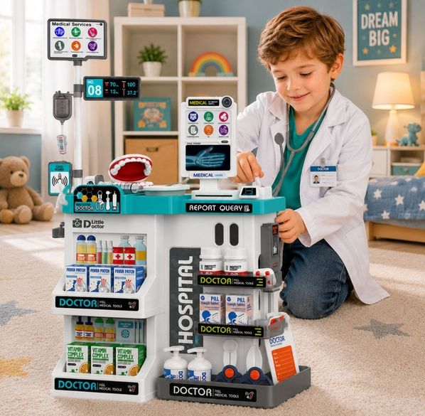 Игрален комплект Lean Toys - Голям медицински кабинет, със светлини и звуци, 61 части