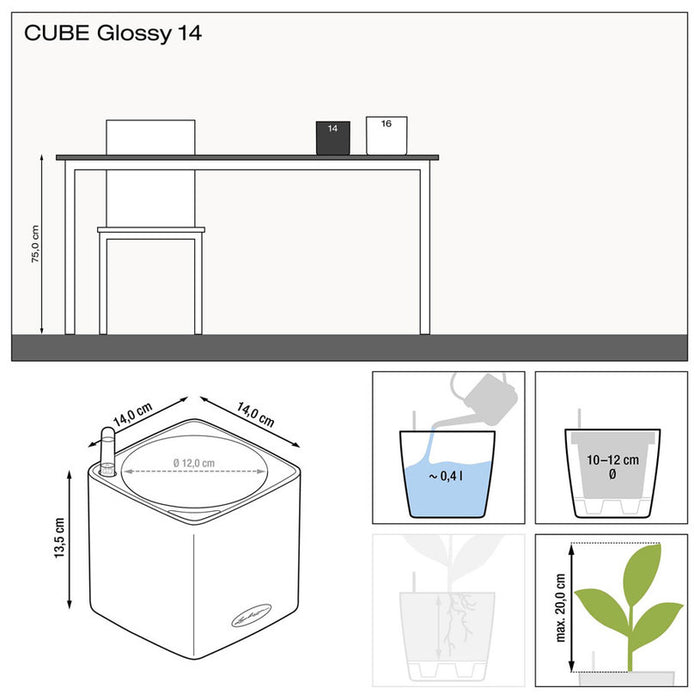КАШПА 14X14CM С НАПОИТЕЛНА СИСТЕМА LECHUZA CUBE GLOSSY