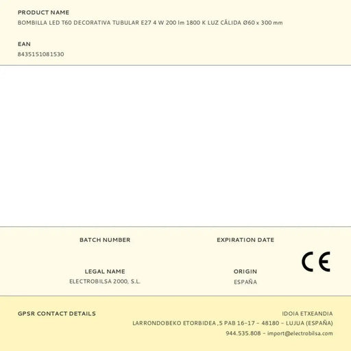 LED крушка Fbright t60 Кехлибар 4 W E27 200 Lm Декоративна