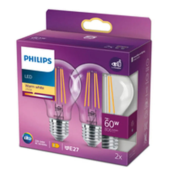 LED крушка Philips Classic 60 W Бял E E27 (2700 K) (2 броя)