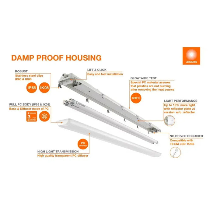 LED ЛАМПА DAMP PROOF HOUSING E IP65 1200 E 2XLAMP MT IP65