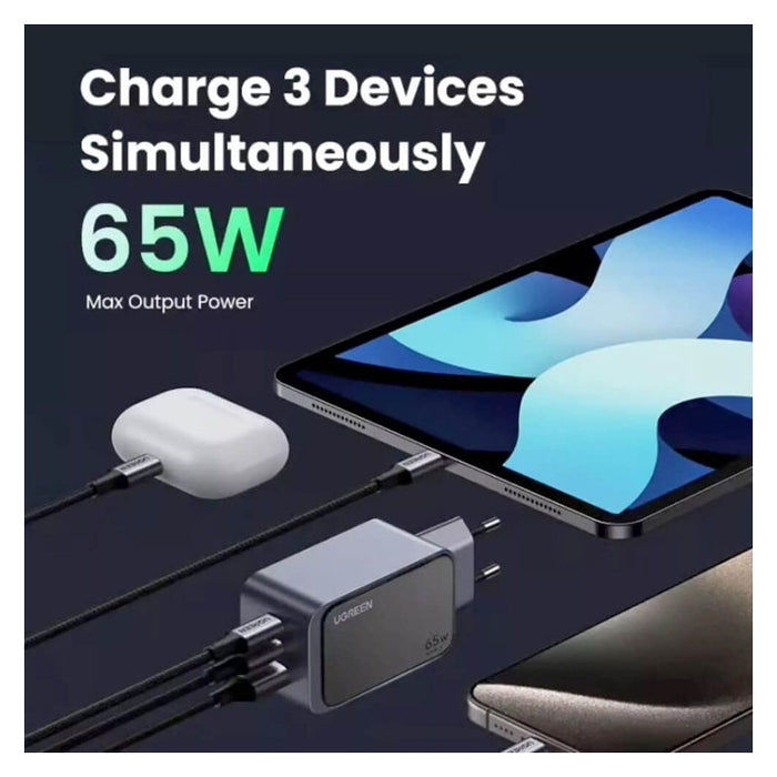 ЗАРЯДНО УСТРОЙСТВО X553 220V 2xUSB-C 1xUSB A GaN 65W NEXODE AIR UGREEN