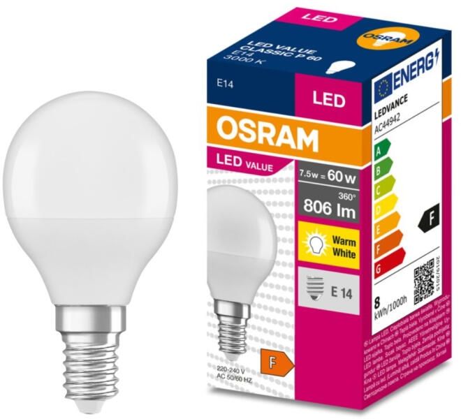 LED крушка Osram - LED Value, P60, E14, 3000K, 806 lm