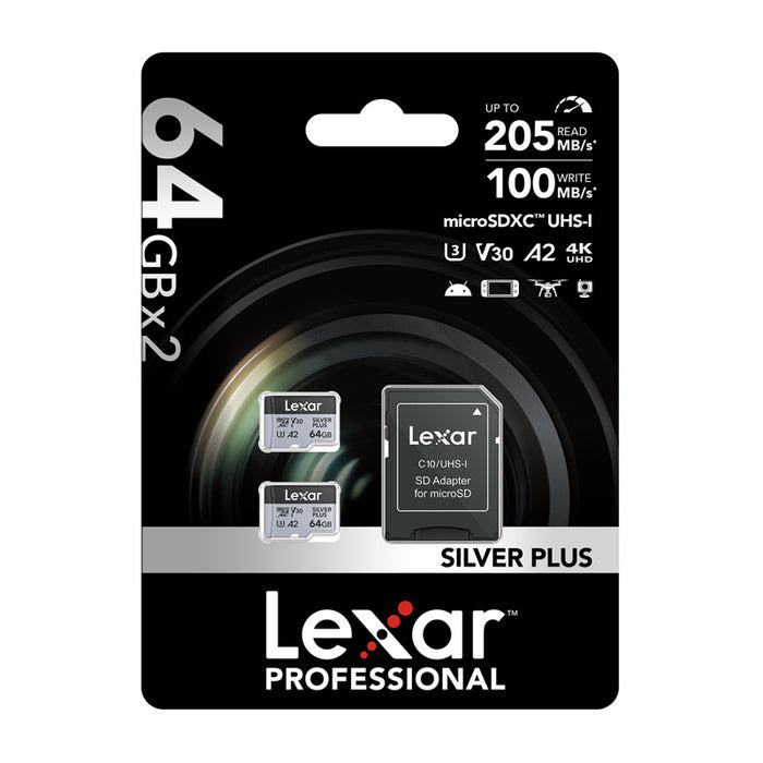 Комплект от 2 карти памет Lexar High-Performance Silver Plus microSDXC 2x64GB + адаптер