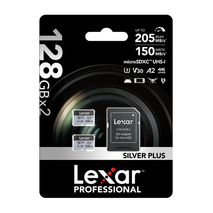 Комплект от 2 карти памет Lexar High-Performance Silver Plus microSDXC 2x128GB + адаптер