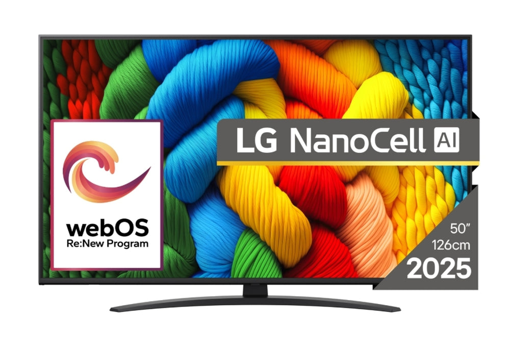 LG 50NANO81A3A, 50" 4K HDR Smart Nano Cell телевизор, 3840x2160, DVB-T2/C/S2, AI Alpha 7, HDR 10 PRO, webOS 25, ThinQ AI, VRR, ALLM, HGiG, WiFi, Clear Voice, AI Upscaling, Bluetooth, HDMI e-ARC, CI, LAN, AirPlay2, Chromecast, 2-полюсна стойка, черен