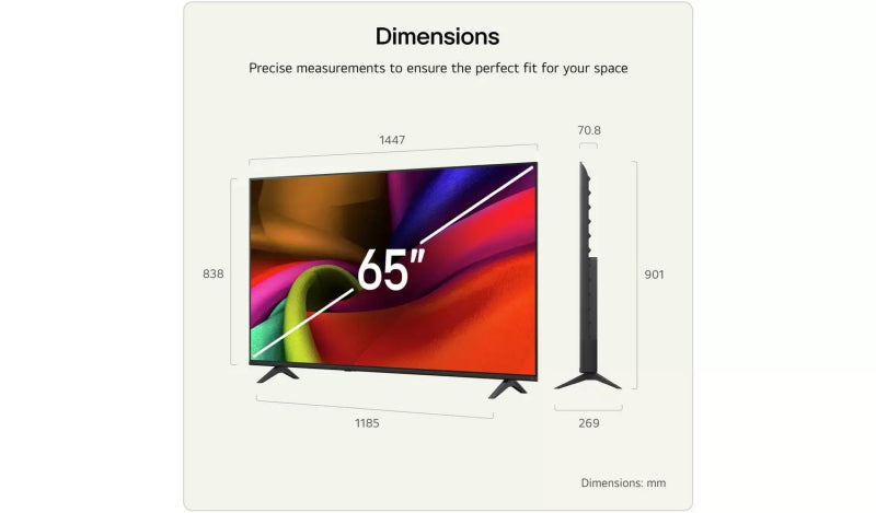 LG 65NU8E0B3LA, 65" 4K HDR UHD, 3840x2160, DVB-T2/C/S2, AI Alpha 7, HDR 10, webOS 26, ThinQ AI, VRR, ALLM, HGiG, WiFi, Clear Voice, 4K Super Upscaling, Bluetooth 5.3, HDMI e-ARC, CI, LAN, AirPlay2, AI Sound Pro, Google Cast, 2-полюсна стойка, Черен