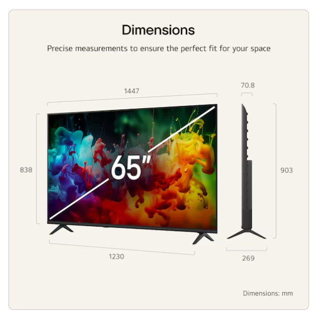 LG 65QNED71B3B., 65" 4K QNED MiniLED Smart TV, 3840x2160, DVB-T2/C/S2, Alpha 7 AI процесор, HDR10 / HLG, webOS 26 ThinQ, VRR / ALLM / HGiG, 4K Super Upscaling, WiFi 5, Bluetooth 5.3, AirPlay 2, LAN, CI, HDMI, AI Sound Pro, Google Cast, 2-полюсна стойка