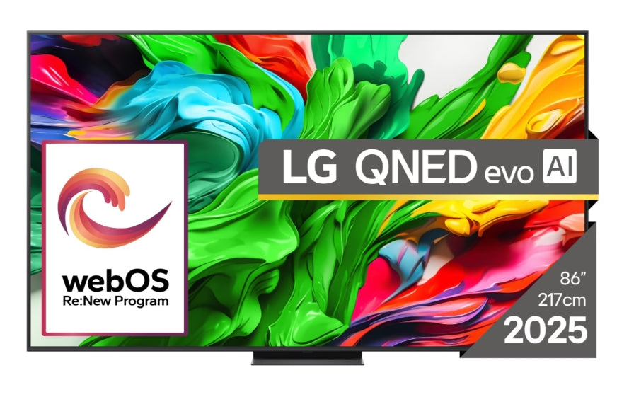 LG 86QNED86A3A, 86" 4K QNED HDR Smart TV, 3840x2160, 120Hz Native (VRR 144Hz), DVB-T2/C/S2, Alpha 8 AI процесор, HDR 10 PRO, webOS 25 ThinQ, 4K Upscaling, WiFi 5, Dolby Vision, Bluetooth 5.1, AirPlay 2, LAN, CI, HDMI, SPDIF, Стойка