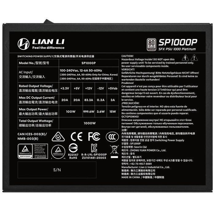 Захранващ блок Lian Li SP1000 Black 1000W 80+ Platinum PCIe 5.1, ATX 3.1