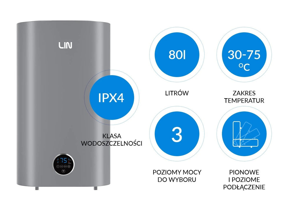 Електрически бойлер LIN LIFVD1SMGY 80L UNIVERSAL, сив, с Wi-Fi