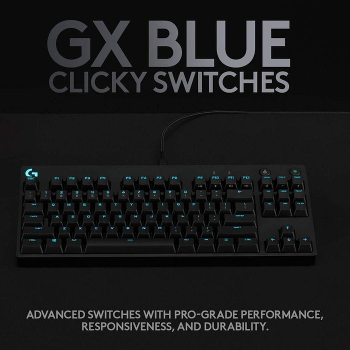 Keyboard, Logitech G Pro TKL Keyboard, GX Clicky, Lightsync RGB, Detachable Cable, 3-Step Angle Adjustment, 12 Programmable F Keys, Black