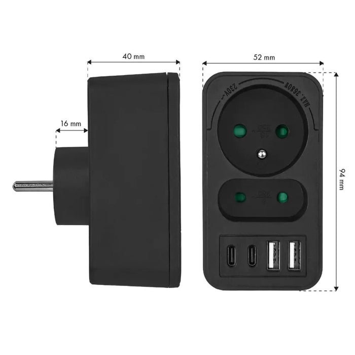 Maclean токов контакт x2 + 4xUSB разклонител с 2 гнезда