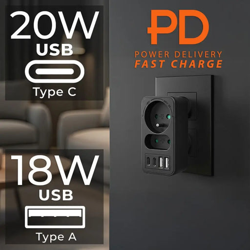 Maclean токов контакт x2 + 4xUSB разклонител с 2 гнезда