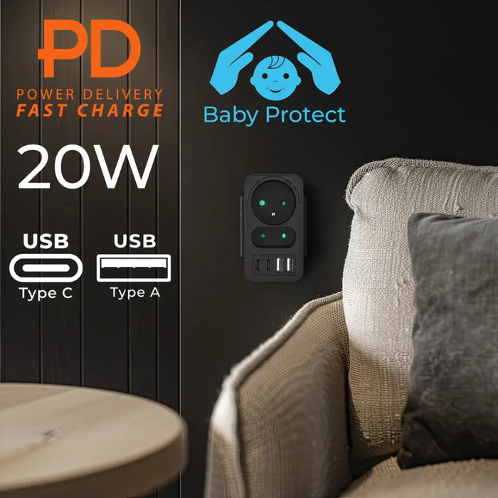 Maclean токов контакт x2 + 4xUSB разклонител с 2 гнезда