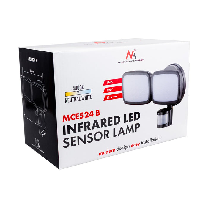 LED стенна лампа Maclean, с PIR сензор, 20W, 1500lm, IP65, неутрално бяла 4000K, черна, MCE524 B