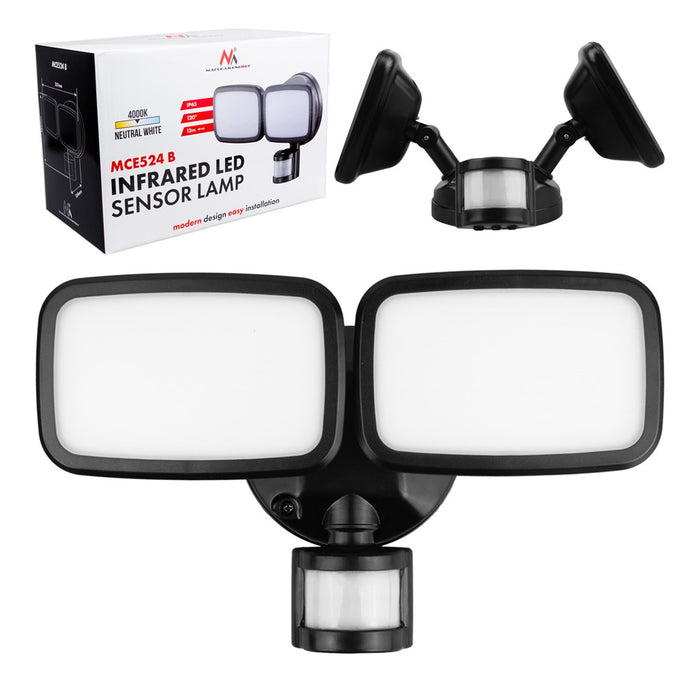 LED стенна лампа Maclean, с PIR сензор, 20W, 1500lm, IP65, неутрално бяла 4000K, черна, MCE524 B