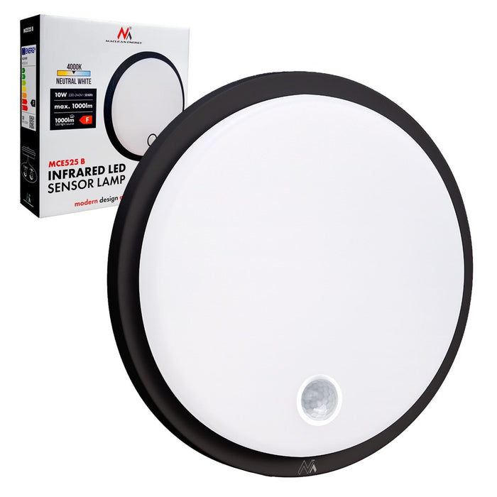 LED лампа Maclean със сензор за движение, PIR сензор, черна, 10W, IP65, 1000lm, неутрален цвят, MCE525 B