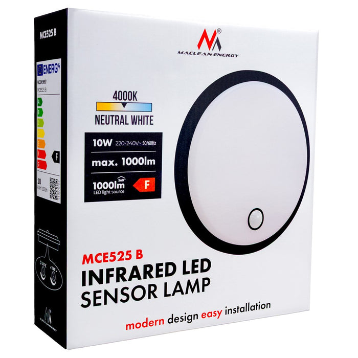 LED лампа Maclean със сензор за движение, PIR сензор, черна, 10W, IP65, 1000lm, неутрален цвят, MCE525 B