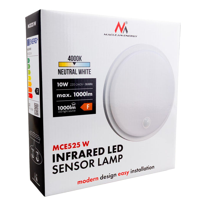 LED лампа Maclean със сензор за движение, PIR сензор, бяла, 10W, IP65, 1000lm, неутрален цвят, MCE525 W