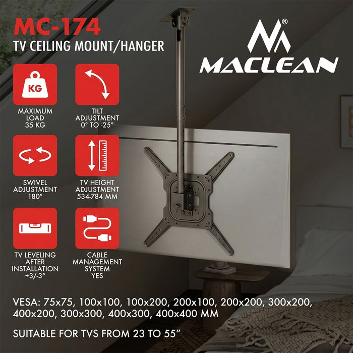 Maclean Таванна стойка за телевизор, макс. натоварване 35 кг, 23–55", макс. VESA 400x400, MC-174