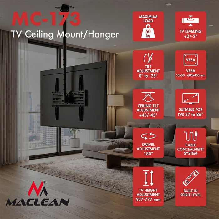 Maclean Таванна стойка за телевизор, макс. натоварване 50 кг, 37–86", макс. VESA 600x400, MC-173