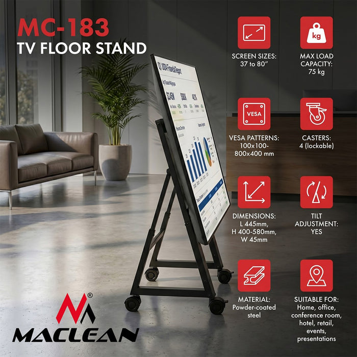 Maclean TV количка / стойка за пода, 37–80", макс. VESA 800x400, макс. 75 кг, мобилна, заключване на колелцата, MC-183