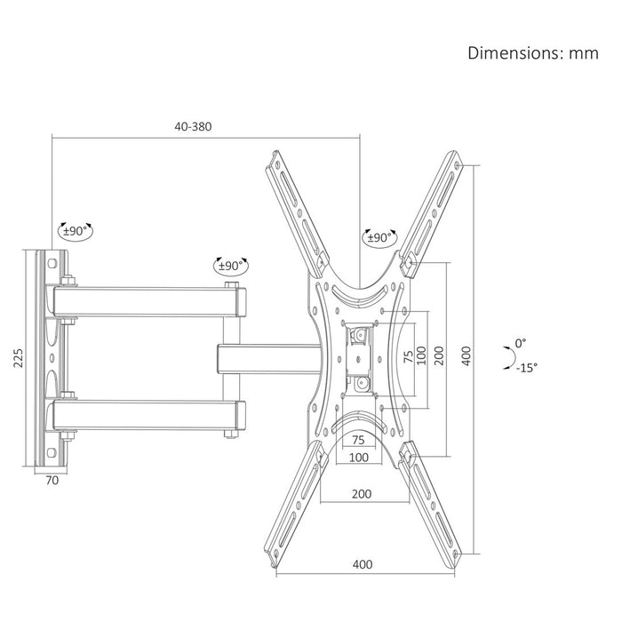 Стойка/скоба за телевизор Maclean, макс. VESA 400x400, 32-55", до 25 кг, черна, регулиране на наклона 0°–-15° и регулиране на завъртането +90°–-90°, MC-190