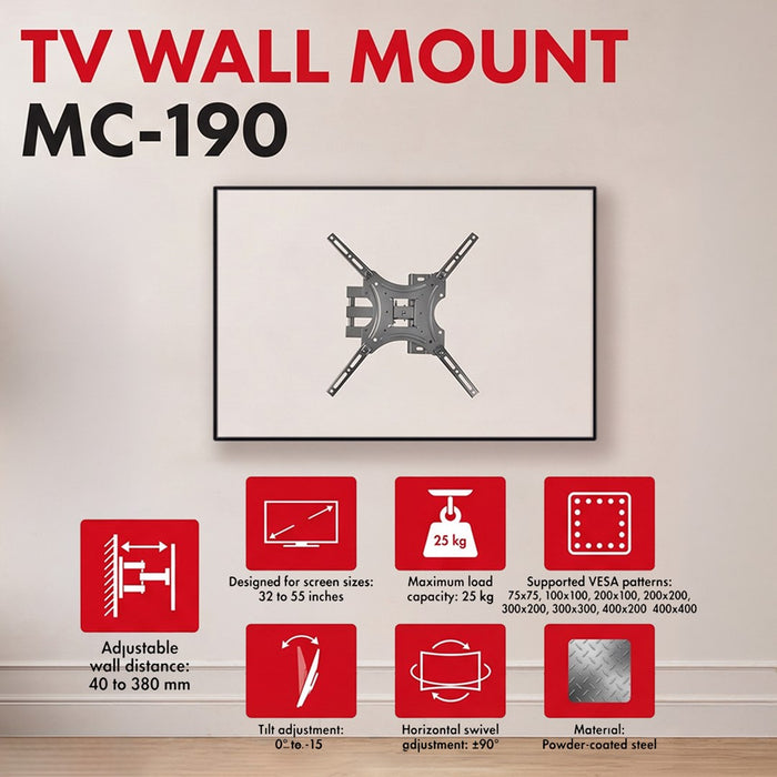 Стойка/скоба за телевизор Maclean, макс. VESA 400x400, 32-55", до 25 кг, черна, регулиране на наклона 0°–-15° и регулиране на завъртането +90°–-90°, MC-190