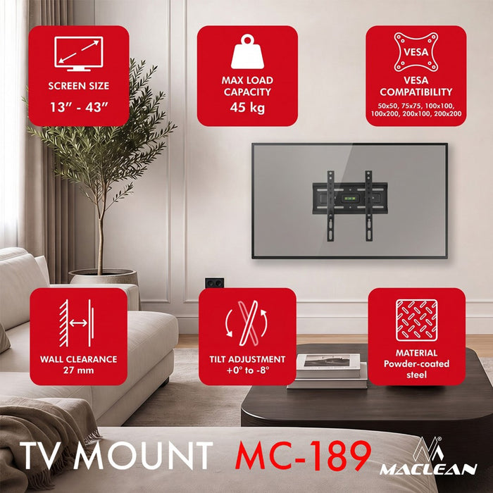 Стойка за телевизор Maclean, макс. VESA 200x200, 13-43", до 45 кг, черна, регулиране на наклона +2°–-10°, MC-189