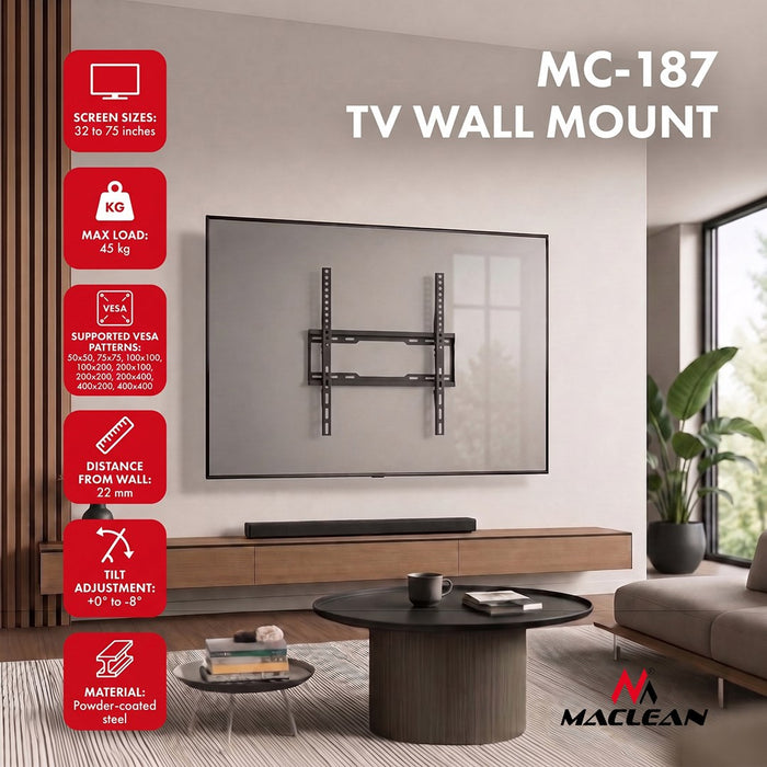Стойка за телевизор Maclean, макс. VESA 400x400, 32-75", до 45 кг, черна, регулиране на наклона 0°–8°, MC-187