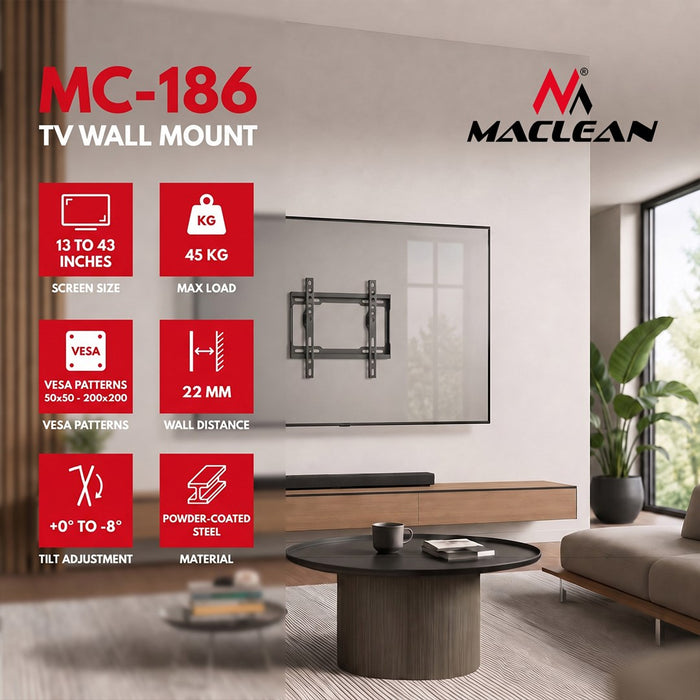 Стойка за телевизор Maclean, макс. VESA 200x200, 13-43", до 45 кг, черна, регулиране на наклона 0°–8°, MC-186
