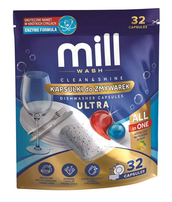 Капсули за съдомиялна машина MILL CLEAN&SHINE Ultra, 32 капсули, 3K.D