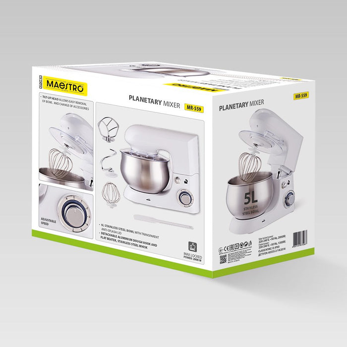 Планетарно миксер MAESTRO MR-559 с купа 5.0л, 2000W, бял