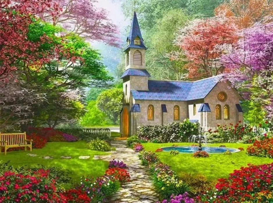 Диамантен гоблен MagicArt: Premium - Цъфтящата градина, 30 х 40 cm, с кръгли мъниста + AB