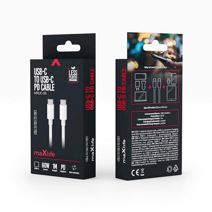 КАБЕЛ MAXLIFE USB-C-USB-C 1M 60W WHITE