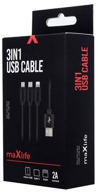Кабел Maxlife - 13050, USB-A/USB-C, Lightning, Micro USB, 1 m, черен