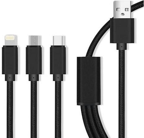 Кабел Maxlife - 13050, USB-A/USB-C, Lightning, Micro USB, 1 m, черен