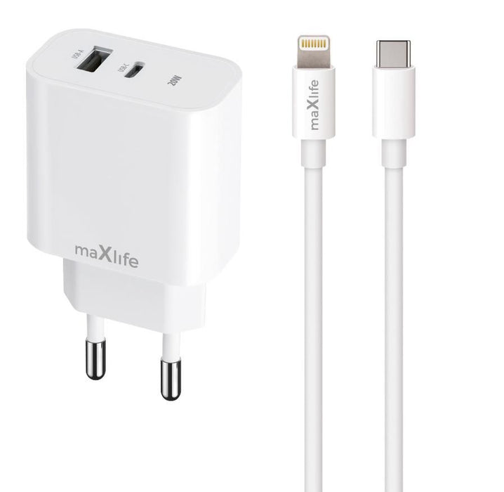 Зарядно за стена Maxlife – MXTC-06-20AC, 20W, USB-C/Lightning, бяло