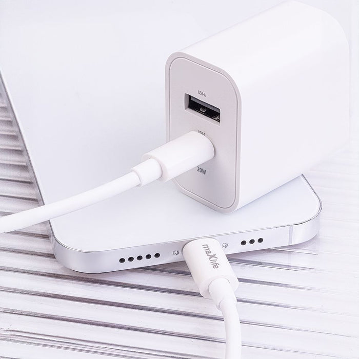 Зарядно за стена Maxlife – MXTC-06-20AC, 20W, USB-C/Lightning, бяло
