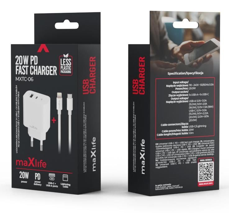 Зарядно за стена Maxlife – MXTC-06-20AC, 20W, USB-C/Lightning, бяло